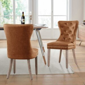 Subrtex Dining Chairs PU Leather Chairs with Wood Legs for Kitchen Dining Room Set of 2, Brown