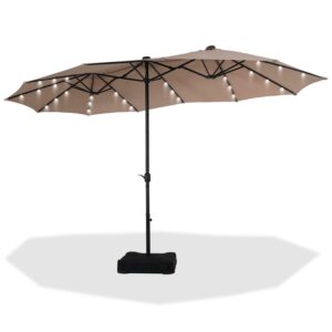 Summit Living 15ft Double-Sided Solar Patio Umbrella with Base (Included) Large Outdoor Umbrella with Solar Lights - Beige