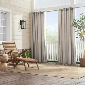Sunbrella Canvas Stiped Light Filtering Grommet Top Single Curtain Panel, Pebble, 52 x 96