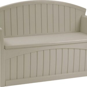 Suncast 50 Gallon Resin Outdoor Deck Bench with Storage for Patio, Light Taupe, Seating for 2