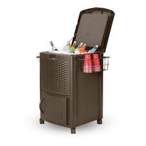 Suncast Wicker Outdoor Patio Cooler Cart with Cabinet, Java Brown