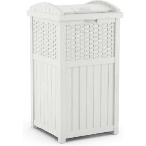 Suncast Resin Wicker Hideaway Outdoor Trash Can with Latching Lid, White