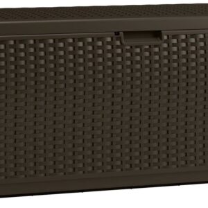 Suncast 73-Gallon Medium Deck Box - Lightweight Resin Indoor/Outdoor Storage Container and Seat for Patio Cushions and Gardening Tools - Store Items on Garage, Yard - Java