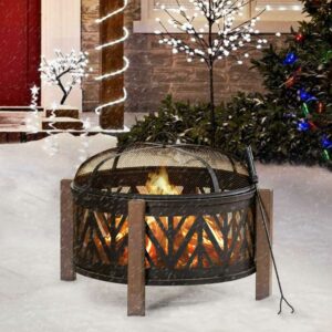 SUNJOY 27 Inch Fire Pit for Outside, Outdoor Steel Wood Burning Fire Pits with Mesh Spark Screen and Fire Poker, Large Bonfire for Patio and Backyard, Black with Burnished Gold Highlights