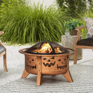 SUNJOY Fire Pit 30 Inch Outdoor Wood-Burning Fire Pit, Patio Jack-o-Lantern Motif Round Steel Firepit Large Fire Pits for Outside with Spark Screen and Poker