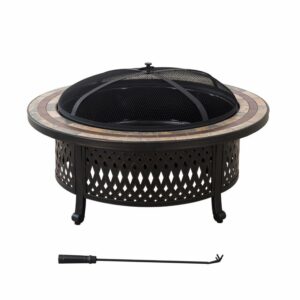 Sunjoy 40 Inch Fire Pit for Outside, Outdoor Round Wood Burning Fire Pit with Steel Mesh Spark Screen, Ceramic Tile Tabletop and Fire Poker, Large Bonfire for Patio and Backyard
