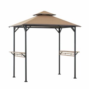 Sunjoy 5 x 8 ft Grill Gazebo with Double Tiered Canopy Roof, Black Steel Frame Grill Gazebo for Outdoor, Patio, Garden, and Backyard Activities, Khaki
