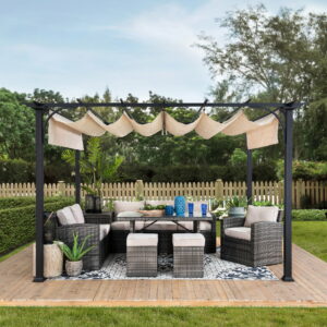 Sunjoy Outdoor Pergola 9 x 12 ft. Patio Black Steel Frame Pergola with Retractable Beige Canopy Shade for Backyard, Garden Activities