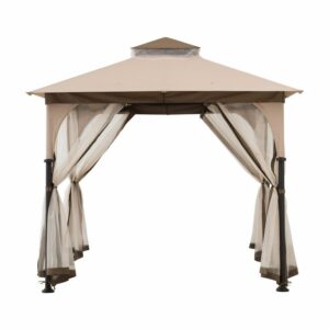 Sunjoy 9.5 ft. x 9.5 ft. Gazebo with 2-Tier Canopy Roof, Steel Frame Soft top Gazebo with Ceiling Hook and Mosquito Netting, Tan and Brown