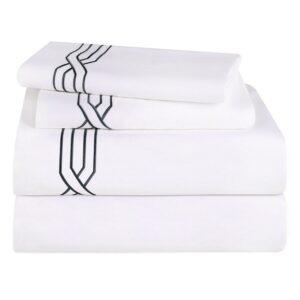 Superior Egyptian Cotton 1200 TC Embroidered White/Navy Blue Sheet Set, Queen