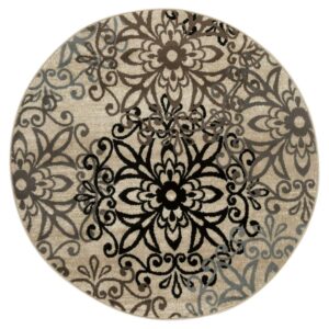 Superior Modern Floral Scroll Pet and Kid-Friendly Indoor Area Rug, 5' Round, Multi-Colored