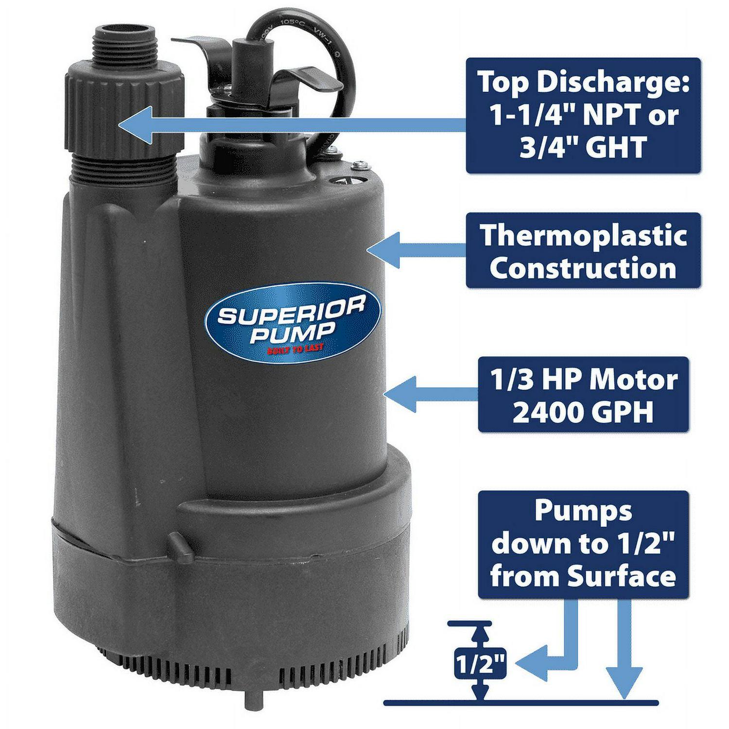 Superior Pump 91330 1/3 HP Thermoplastic Submersible Multi Use Pool Hot Tub Pump with 10-Foot Cord - Image 10