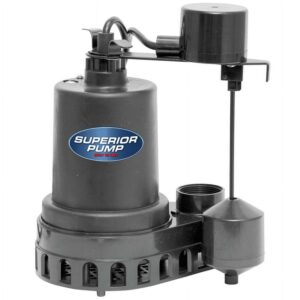 Superior Pump 92372 1/3 HP Thermoplastic Submersible Sump Pump with Vertical Float Switch, Black, 9.25” x 6.25” x 11.75”