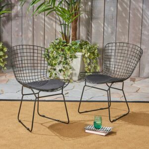 Sutton Outdoor Iron Chairs with Cushions, Set of 2, Black, Black