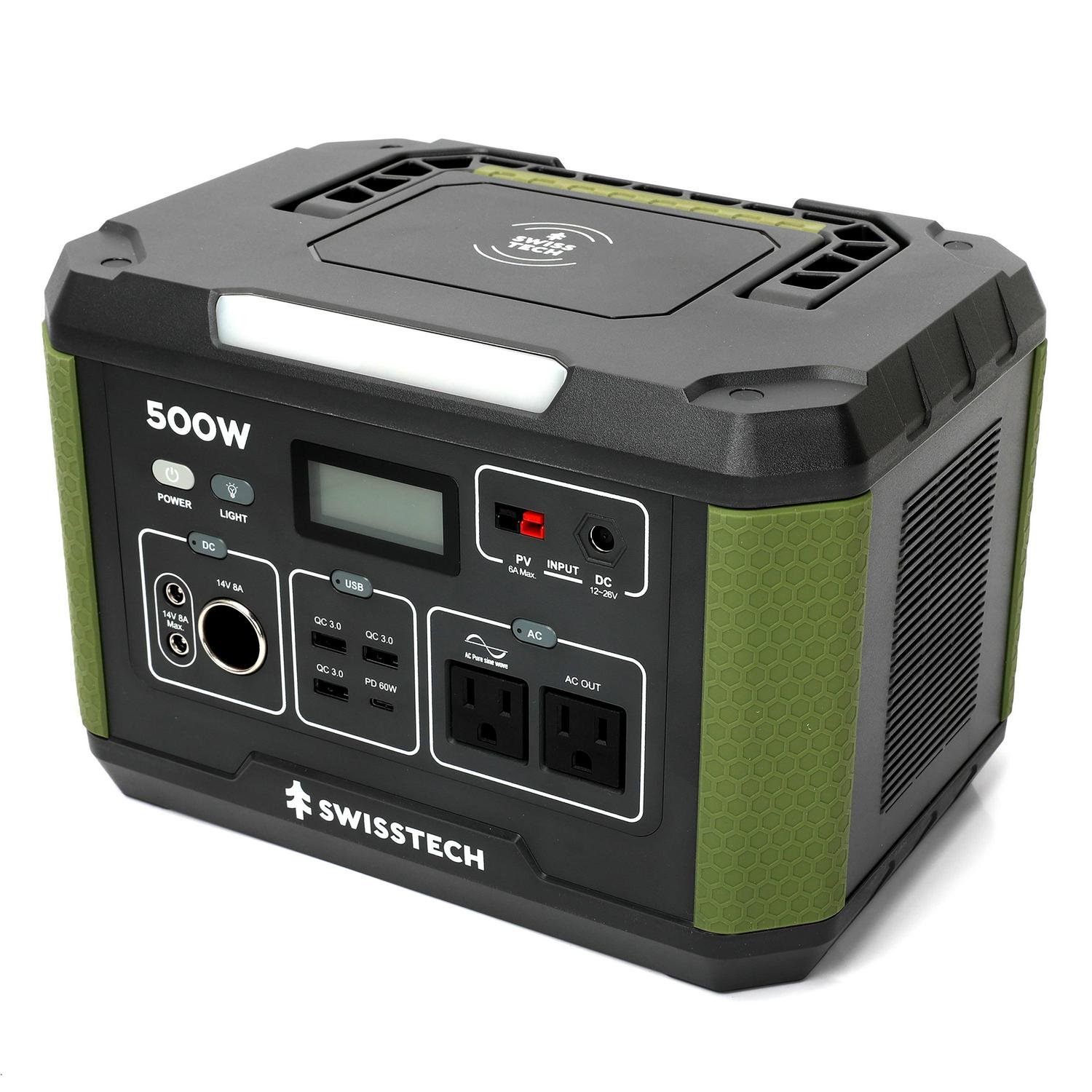 Swiss Tech 500W portable power station 519Wh solar compatible battery for outdoor & emergency use
