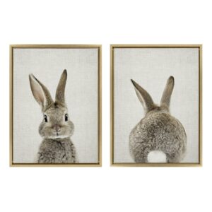 Sylvie Bunny Portrait on Linen and Bunny Tail on Linen 18 in x 24 in Framed Painting Canvas Art Prints, by Kate and Laurel Set of 2