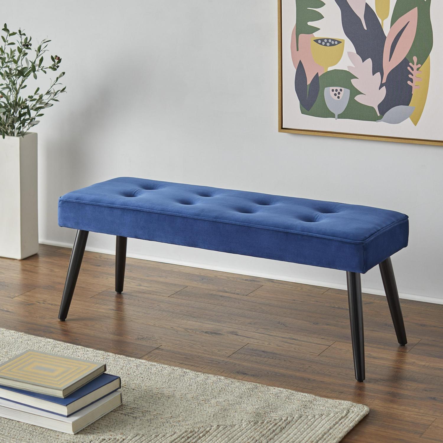 TMS Ezra indoor Velvet Tufted Bench, 48"L x 16.5"W x 18" H, Blue