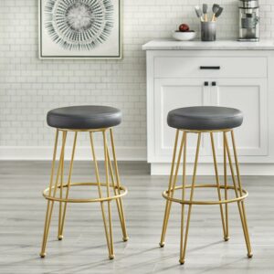 TMS Magnus Bar 30” High Backless Bar Stool, Set of 2, Black Faux Leather Seat with Gold Metal Frame