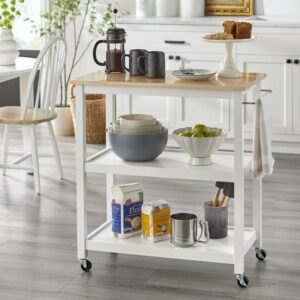 TMS Mylah 2-Tier Butcher Block Rolling Kitchen Storage Cart with Towel Rack, White