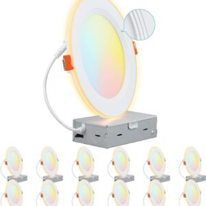 TORCHSTAR 12 Pack 6" 5CCT LED Recessed Light, Anti-Glare Baffle Trim Night Light, 2700K3000K3500K4000K5000K, High CRI90, 12W Dimmable Ultra-Thin Canless Wafer Downlight, ETL