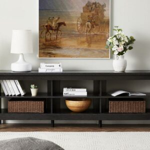 TV Stand for 75 Inch TV, Farmhouse Wood TV Cabinet with 6 Cubby for Living Room Bedroom,70 inch Black