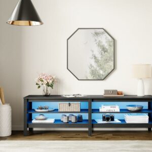 TV Stand for 75 inches Flat Screen, LED Wood Media Console Storage Cabinet Entertainment Center with 4 Open Shelves, 70 inches, Black