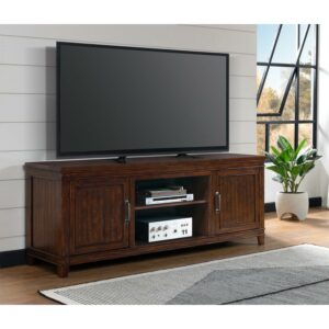 TV Stand with 2 Cabinets and 2 Cubbies, Dark Brown- Saltoro Sherpi