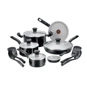 T-fal Initiatives Ceramic Cookware, 14 Piece Pots and Pans Cookware Set, Black