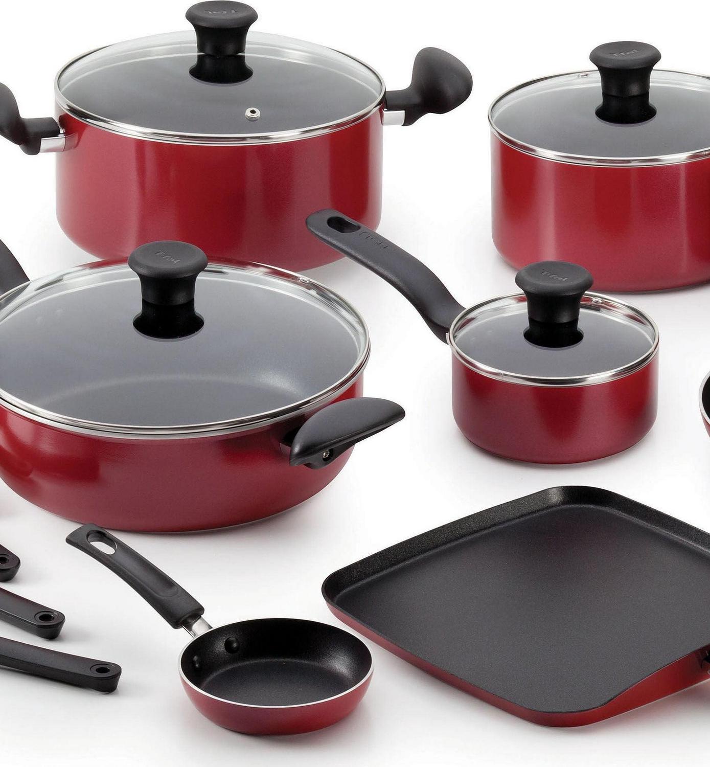 T-fal Initiatives, 18 Piece Non-Stick Cookware Set, Red - Image 4