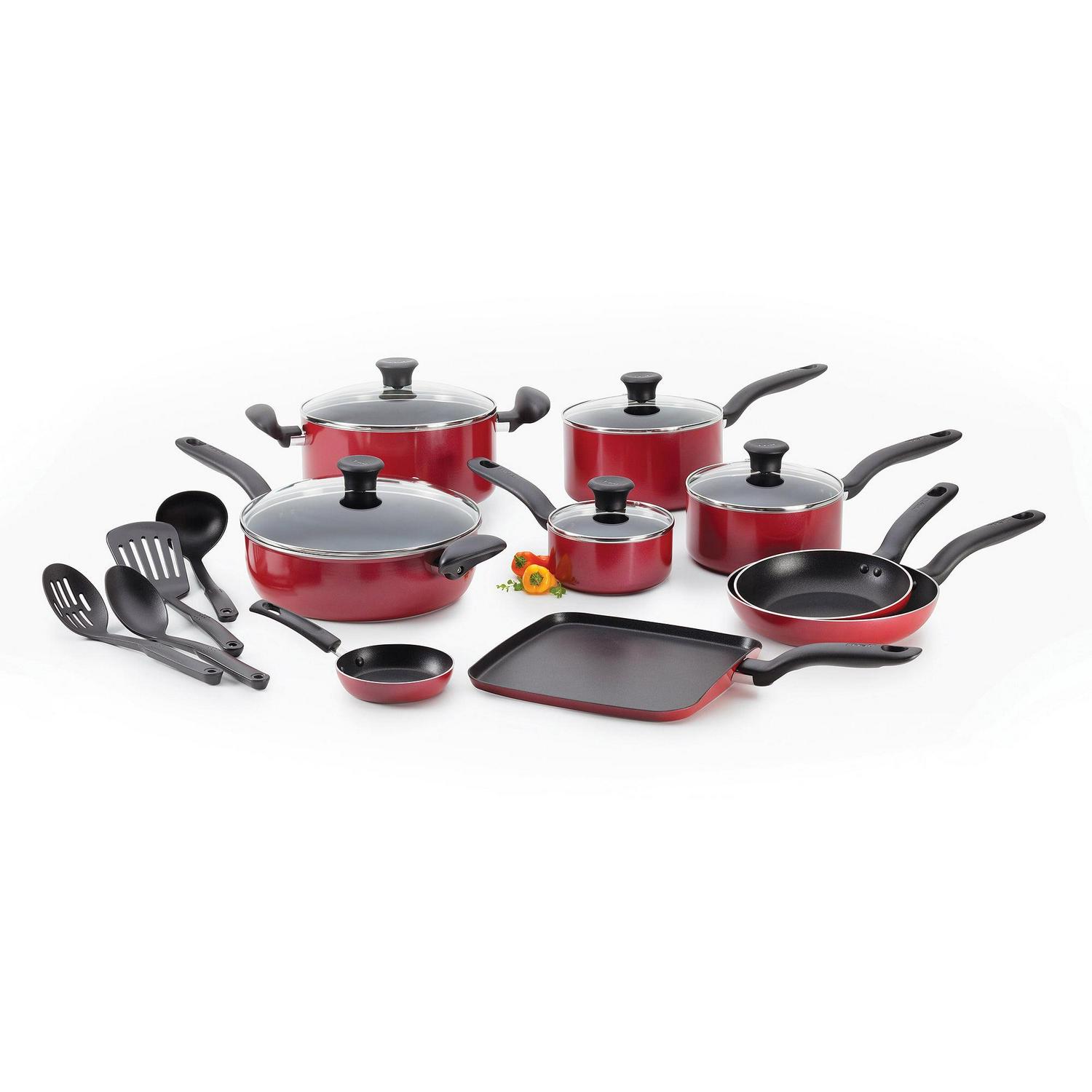 T-fal Initiatives, 18 Piece Non-Stick Cookware Set, Red - Image 2