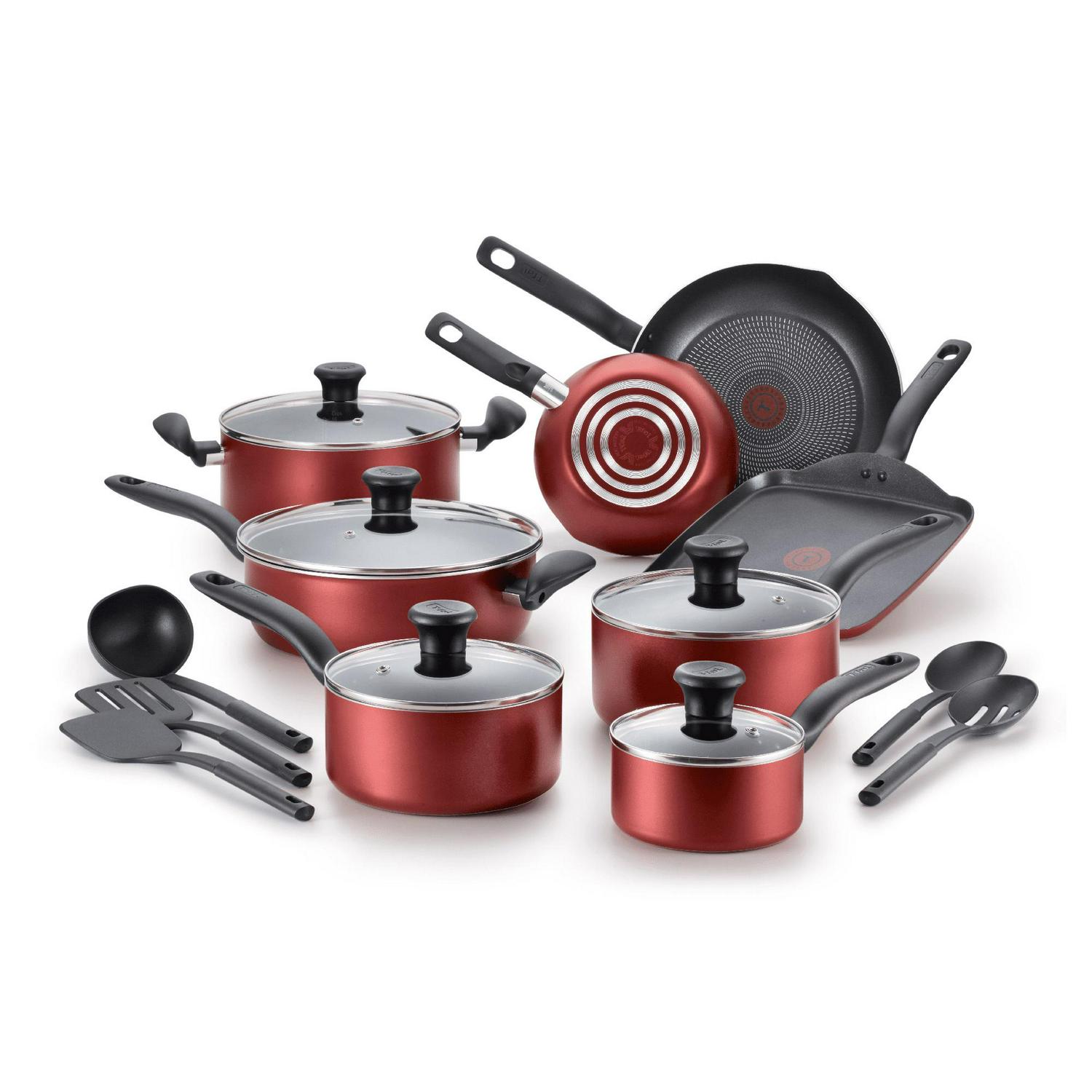 T-fal Initiatives, 18 Piece Non-Stick Cookware Set, Red