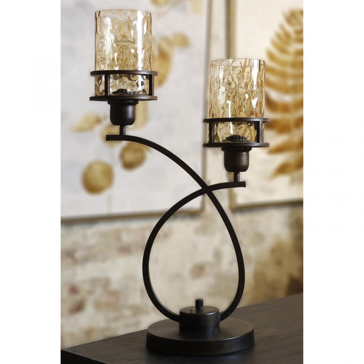 Table Lamp - Bronze Finish - Amber Glass Shade - Image 3