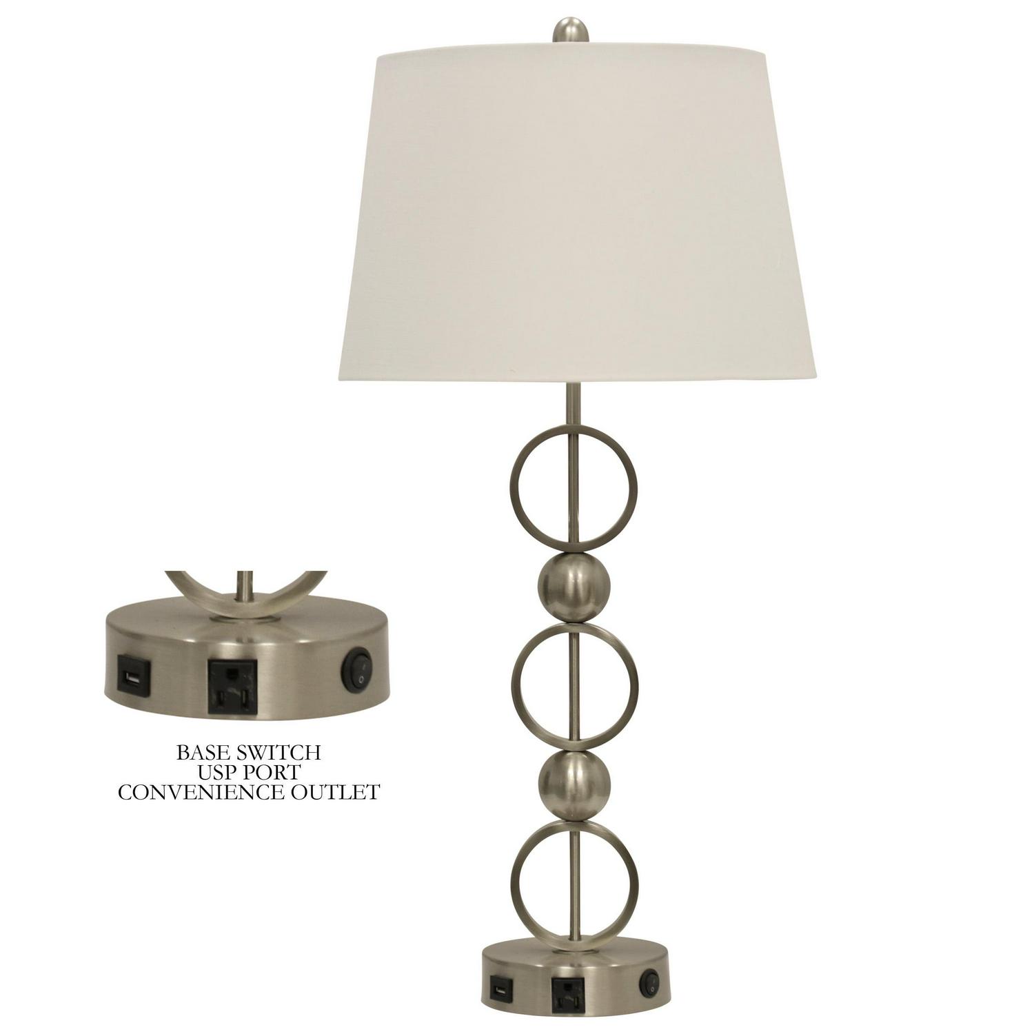 Table Lamp - Brushed Steel Finish - White Hardback Fabric Shade - Style C