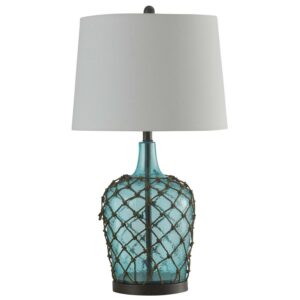 Table Lamp - Cayos Blue Finish - White Hardback Fabric Shade