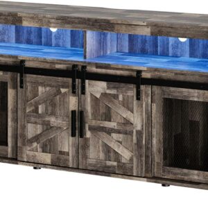 Tall TV Stand with Blue LED Lights Strips for 65 inch TVs, Farmhouse Media Console Table with Mesh and Barn Doors for Bedroom, Living Room, Dark Rustic Oak, 59x15.4x31