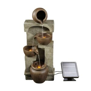 Teamson Home 4-Tier Outdoor Water Fountain with Cascading Bowls, Stacked Stone & Solar LED Lights