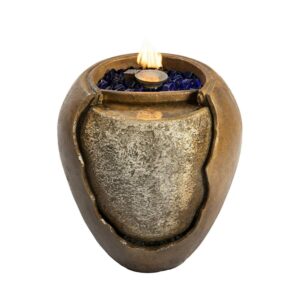 Teamson Home Outdoor 22 Inch Water Fountain Pot with Fire Pit and Fire Glass, Brown