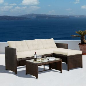 Teamson Home Outdoor 3-Piece Rattan Patio Set with Loveseat, Chaise Lounge, Table, Brown/White