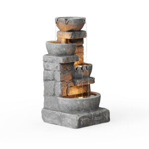 Teamson Home Cascading Stacked Stones Patio Water Fountain, Warm LED Light with Adjustable Flow & Electric Pump, Gray