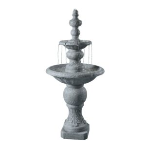 Teamson Home 2-Tier Classic Pedestal Outdoor Water Fountain–Shallow Basin with Adjustable Flow & Electric Pump, Gray
