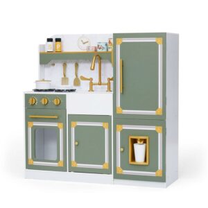 Little Chef Versailles Deluxe Play Kitchen, Ice Maker, Oven, Refrigerator, 17 Pcs. Acc. Set, Olive Green/Gold