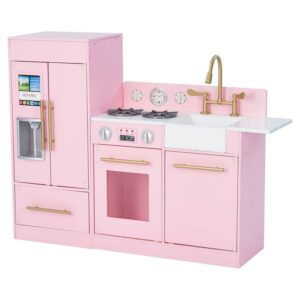 Teamson Kids Little Chef Charlotte Wooden Play Kitchen Set for Toddlers, Pretend Cooking Playset with Stove, Sink & Fridge, Pink/Gold