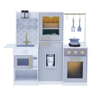 Teamson Kids Little Chef Lyon Modern Wooden Play Kitchen, 14 Pcs Acc. Set, Ice Dispenser, Sink, Microwave, Oven, Gray