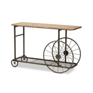 Terence Vintage Rustic Industrial Natural Finished Wood and Metal Wheeled Console Table