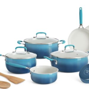 The Pioneer Woman 12-Pieces Porcelain Enamel Classic Ceramic Cookware Set, Ombre Teal