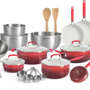 The Pioneer Woman 25-Piece Ceramic Nonstick Aluminum Cookware Set, Ombre Red