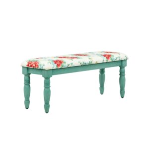 The Pioneer Woman Callie Vintage Floral Dining Bench Made With Solid Wood Frame, Teal