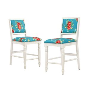 The Pioneer Woman Callie Vintage Floral Counter Height Stools Made With Solid Wood Frame, Set of 2, Teal
