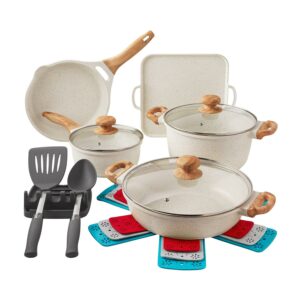 The Pioneer Woman Prairie Signature 14-Piece Cast Aluminum Cookware Set, Linen Speckle