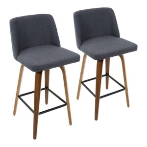 Toriano Mid-Century Modern Counter Stool in Walnut and Blue Fabric by LumiSource - Set of 2